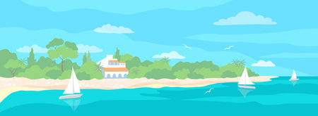 summer seascape. Bay with cottage, beach and yachts. vector color illustrationのイラスト素材