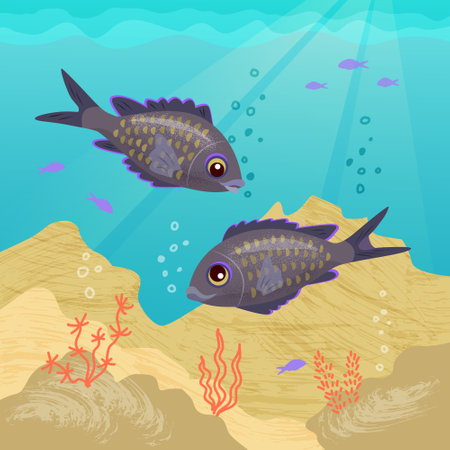 Two funny fish swim underwater. Vector color illustration with texture.のイラスト素材