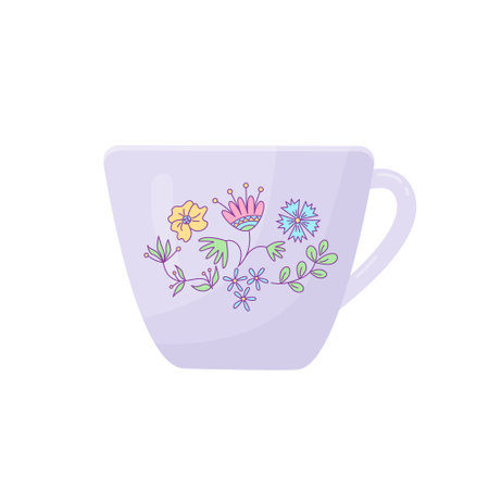 Cup decorated by floral drawing. Vector color isolated illustration.のイラスト素材
