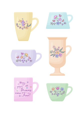 Set of cups decorated by floral drawing. Vector color isolated illustration.のイラスト素材