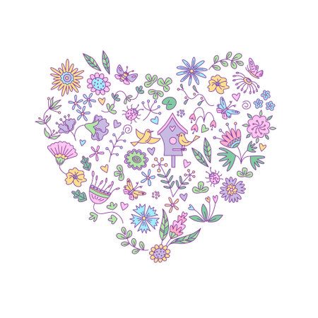 Heart shape with floral elements. Vector isolated color illustration in doodle style.のイラスト素材