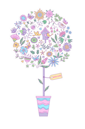 Tree with floral elements in doodle style. Vector isolated color illustration in doodle style.のイラスト素材