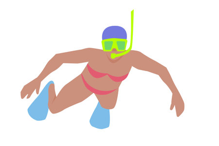 Woman in a mask with a snorkel and fins. Vector color isolated illustrationのイラスト素材