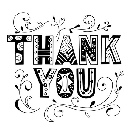 Thank you lettering in doodle style. Vector black and white illustrationのイラスト素材