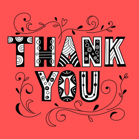 Thank you lettering in doodle style. Vector color illustration in red backgroundのイラスト素材