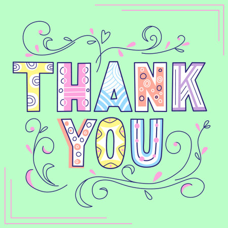 Thank you lettering in doodle style. Vector multicolor illustration in light green backgroundのイラスト素材