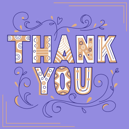 Thank you lettering in doodle style. Vector color illustration in purple backgroundのイラスト素材
