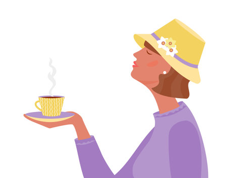 Woman in hat holding the cup of hot drink.Vector isolated illustrationのイラスト素材