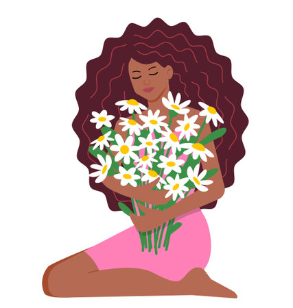 Black pretty young woman in pink dress with bouquet of daisies. Vector color isolated illustration in flat style.のイラスト素材