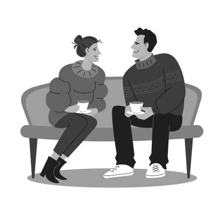 A man and a woman in love are sitting on a couch and holding a cup of drink. Vector isolated grayscale illustration in cartoon style.のイラスト素材