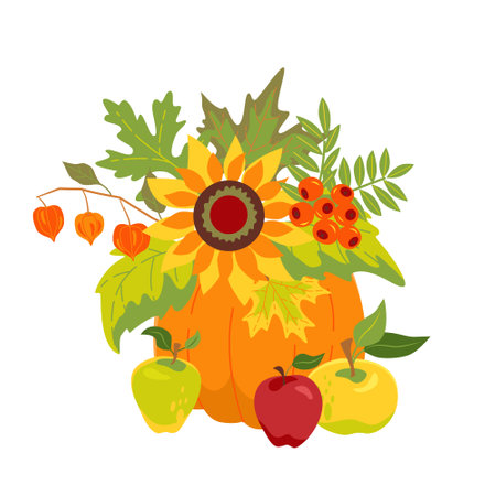 Autumn floral composition with pumpkin. Vector isolated color illustrationのイラスト素材