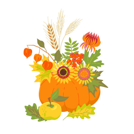 Autumn floral composition with pumpkin. Vector isolated color illustrationのイラスト素材