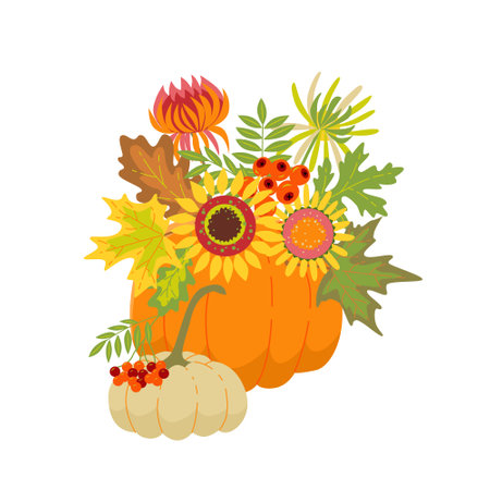 Autumn floral composition with pumpkin. Vector isolated color illustrationのイラスト素材