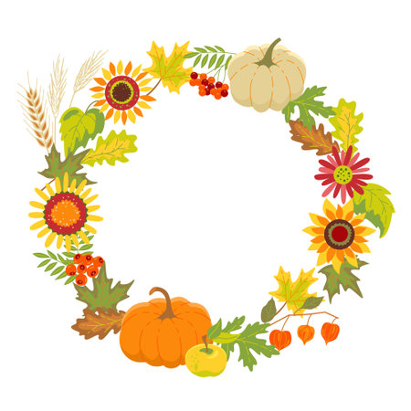 Round frame of floral autumn design with pumpkins. Vector isolated color illustration.のイラスト素材