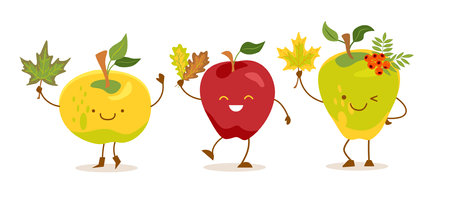 Set of three funny apples with autumn leaves in kawaii style. Vector color isolated illustration.のイラスト素材