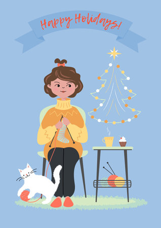 Winter holidays card with girl sitting on the chair and knitting the socks. Cat is playing with a skein of yarn. Vector color illustration.のイラスト素材