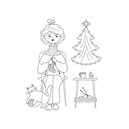 Girl is sitting on the chair and knitting the socks. Cat is playing with a skein of yarn. Vector illustration in line art style.のイラスト素材