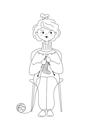 Girl is sitting on the chair and knitting the socks. Vector illustration in line art style.のイラスト素材