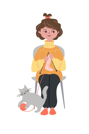 Girl is sitting on the chair and knitting the socks. Cat is playing with a skein of yarn. Vector color isolated illustration.のイラスト素材