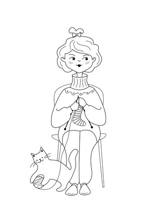 Girl is sitting on the chair and knitting the socks. Cat is playing with a skein of yarn. Vector illustration in line art style.のイラスト素材