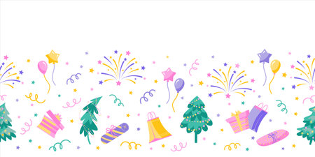 Winter holidays seamless border with christmas tree, gift boxes, balloons and fireworks. Vector color isolated illustration.のイラスト素材