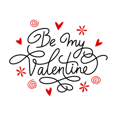 Be my Valentine lettering with flourish in monoline style. Decorated by hearts, flowers and spirals. Vector isolated illustration.のイラスト素材