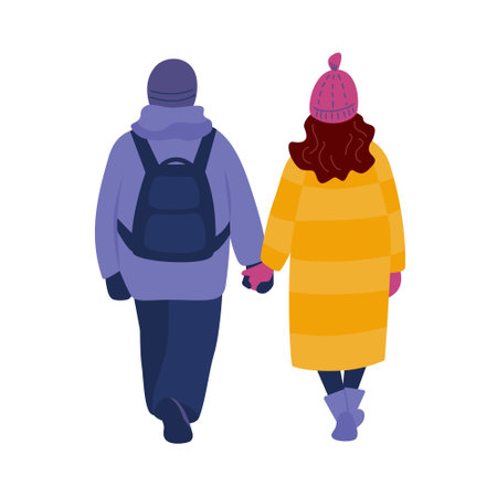 A couple walking holding hands in warm clothes. Back view. Vector isolated color illustration in flat style.のイラスト素材