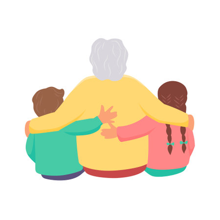 Grandmother is hugging a granddaughter and grandson. Back view. Vector isolated color illustration.のイラスト素材