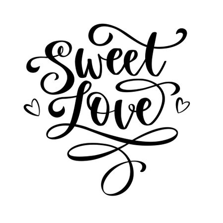 Sweet Love lettering with flourish in calligraphy style decorated by hearts. Vector isolated illustration.のイラスト素材