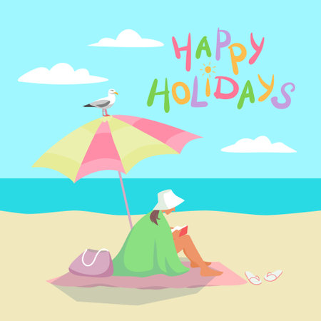 Woman reads the book on the beach sitting under the umbrella. Vector color illustration with lettering.のイラスト素材