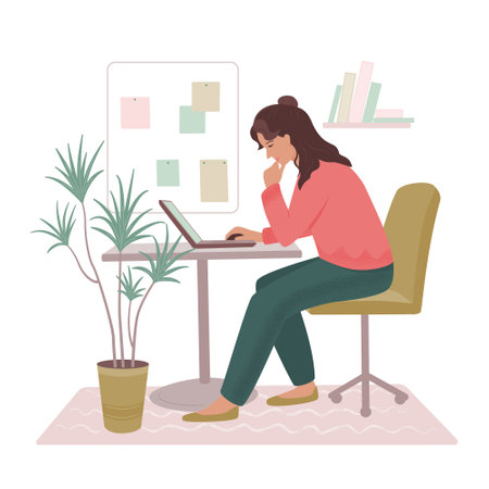 Woman is working at a laptop.  Vector color isolated illustration.のイラスト素材