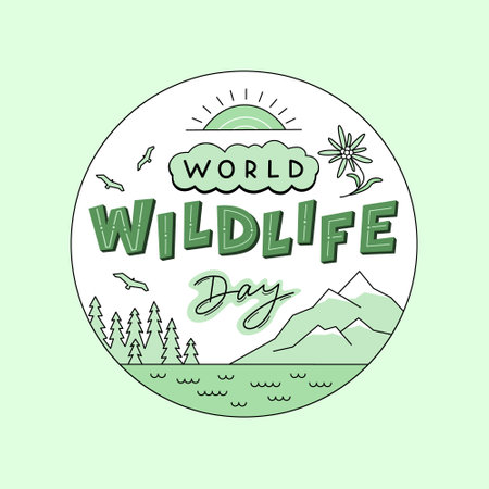 World Wildlife Day lettering composition with mountains. Vector color illustration.のイラスト素材