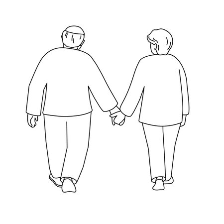Senior woman and man walk holding hand. Back view. Vector illustration isolated in line art style.のイラスト素材