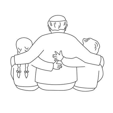Grandfather is hugging a granddaughter and grandson. Back view. Vector illustration isolated in line style.のイラスト素材