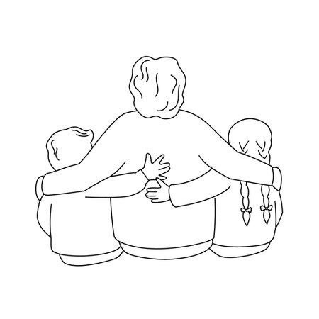 Grandmother is hugging a granddaughter and grandson. Back view. Vector illustration in line style.のイラスト素材