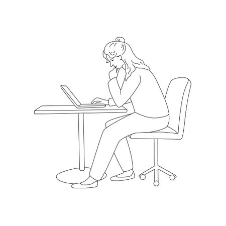 Woman is working at a laptop. Vector isolated in outline style.のイラスト素材