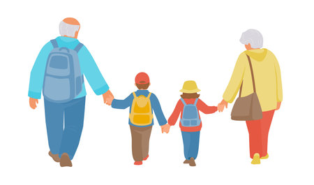 Grandparents and grandchildren with backpacks walking. Back view. Vector isolated color illustration.のイラスト素材