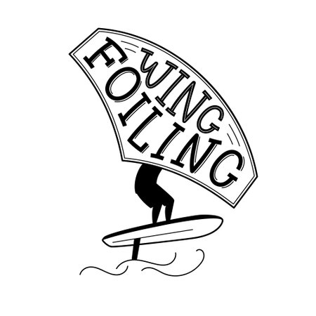 Wing foiling lettering. The surfer standing on a board, holds onto a wing and moves the board across the water. Vector isolated illustration.のイラスト素材