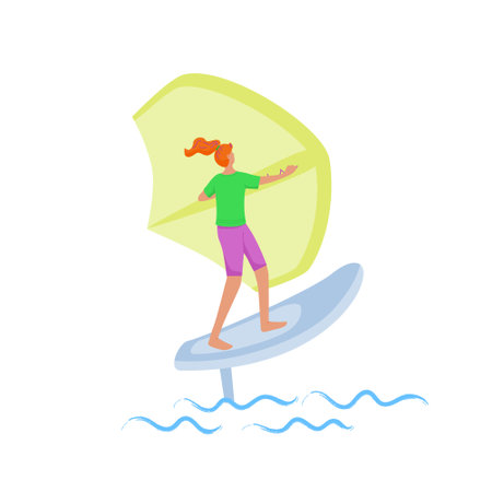 Woman standing on a board, onto holds a wing and moves the board across the water. Wing foiling sport. Vector isolated color illustration.のイラスト素材
