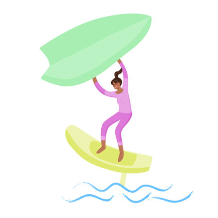 Woman standing on a board, onto holds a wing and moves the board across the water. Wing foiling sport. Vector isolated color illustration.のイラスト素材