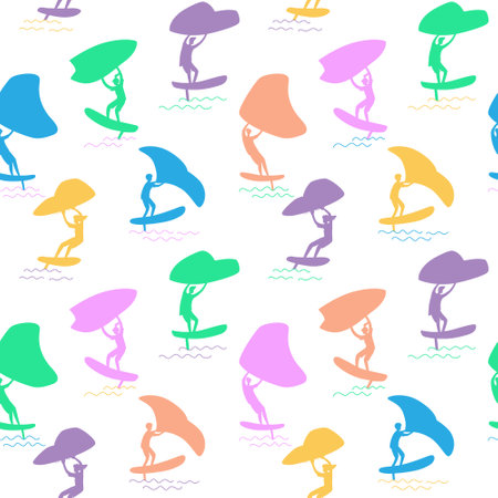 Seamless pattern with wing foiling people silhouette. Vector color illustration on the white background.のイラスト素材
