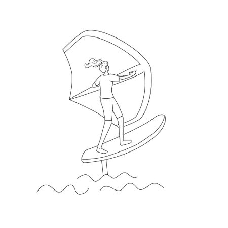 Woman standing on a board, holds onto a wing and moves the board across the water. Wing foiling sport. Vector isolated  illustration in line style.のイラスト素材