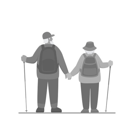 Senior man and woman with backpacks and hiking poles are standing. Back view. Vector isolated grayscale illustration in flat style.のイラスト素材
