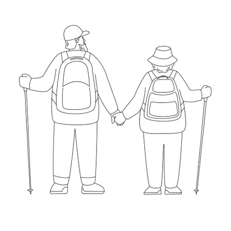Senior man and woman with backpacks and hiking poles are standing. Back view. Vector illustration isolated in line style.のイラスト素材