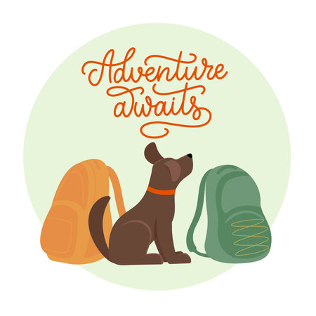 Poster with dog sitting between the backpacks. Adventure awaits lettering composition in monoline style. Vector color illustration.のイラスト素材