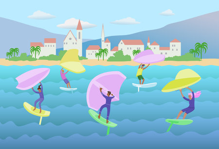 Man standing on a board, onto holds a wing and moves the board across the water. Seascape with wing foiling people. Vector color illustration.のイラスト素材