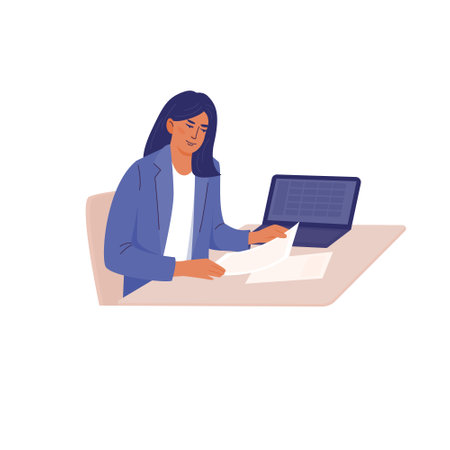 Business woman is working at a laptop. Vector color isolated illustration.のイラスト素材