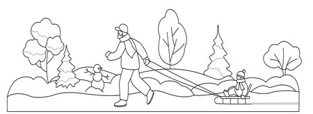 Father carrying child on the sled. Vector illustration in line style.のイラスト素材