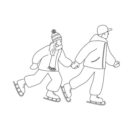 Boy with girl skating on the rink holding hands. Vector illustration isolated in line style.のイラスト素材