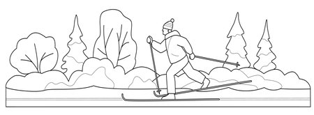 Man skiing in the winter park. Vector illustration in line style.のイラスト素材
